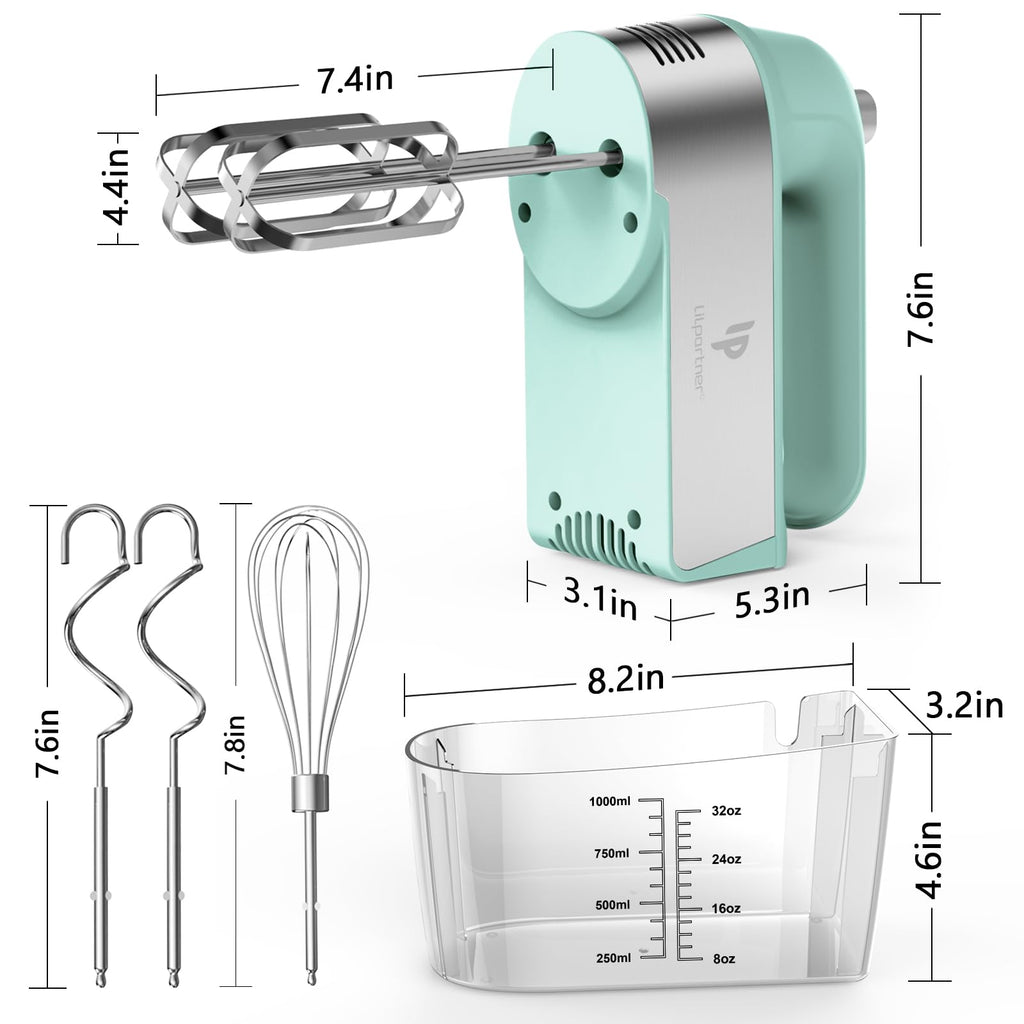 Hand Mixer Electric, 450W Kitchen Mixers with Scale Cup Storage Case, Turbo Boost/Self-Control Speed + 5 Speed + Eject Button + 5 Stainless Steel Accessories, For Easy Whipping Dough,Cream,Cake, Green