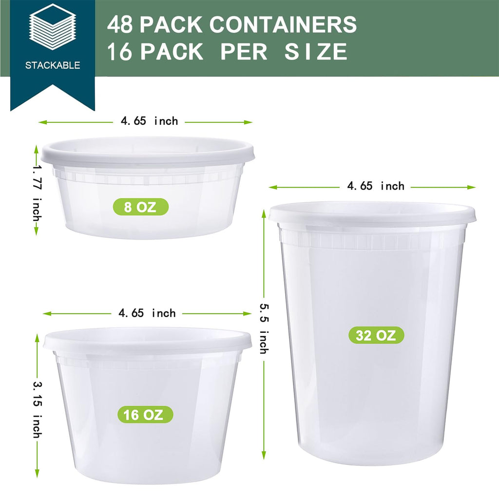 Deli Containers with Lids 48 Sets [8,16, 32 oz 16 Each ] - Food Storage Containers with Lids Freezer Safe, Soup Containers for Restaurant, BPA Free | Portion Control | Leakproof | Microwave