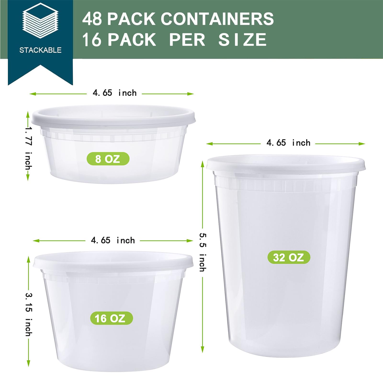 Deli Containers with Lids 48 Sets [8,16, 32 oz 16 Each ] - Food Storage Containers with Lids Freezer Safe, Soup Containers for Restaurant, BPA Free | Portion Control | Leakproof | Microwave