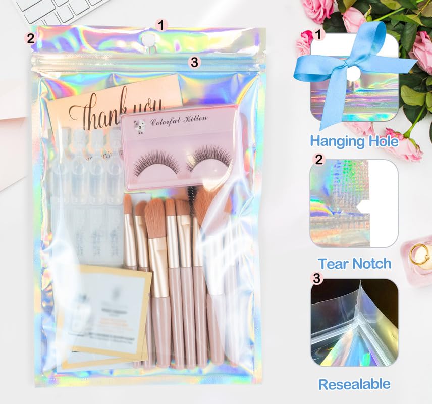 Trunple Smell Proof Bags & Resealable Foil Pouch Bag [100 PCS ] Great for Party Favor Food Storage (Holographic Color, 8 x 5.5 Inch)