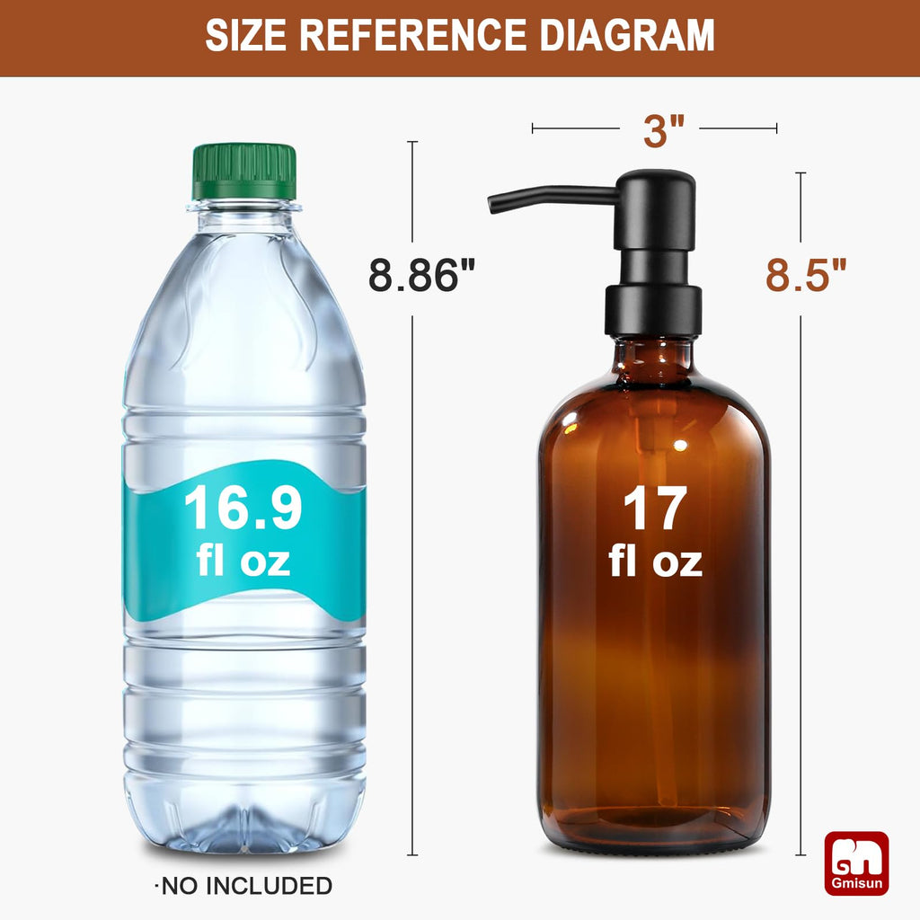 GMISUN Soap Dispenser, 2 Pack Bathroom Hand Soap Dispenser with Rustproof Stainless Steel Pump, Amber Glass Dish Soap Dispenser Set for kitchen, Hand and Dish Soap Dispensers Sets, Liquid Soap Bottles