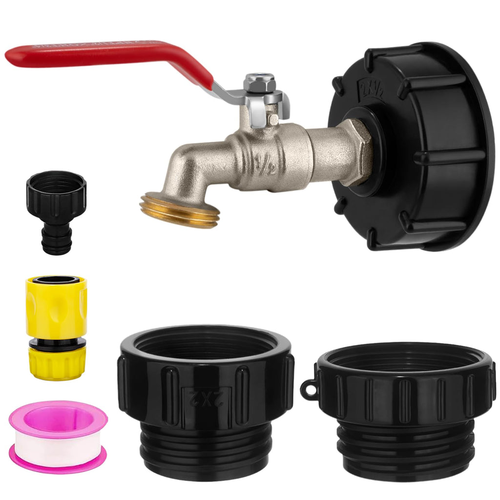 IBC Tote Adapter 275-330 Gallon IBC Bag Tank Fittings, 1/2 in Lead-Free Compliant Brass Garden Hose Valve with 3-Size IBC Tote Adapter, 2.44" Fine, 2 "Fine, and 2" Coarse Thread