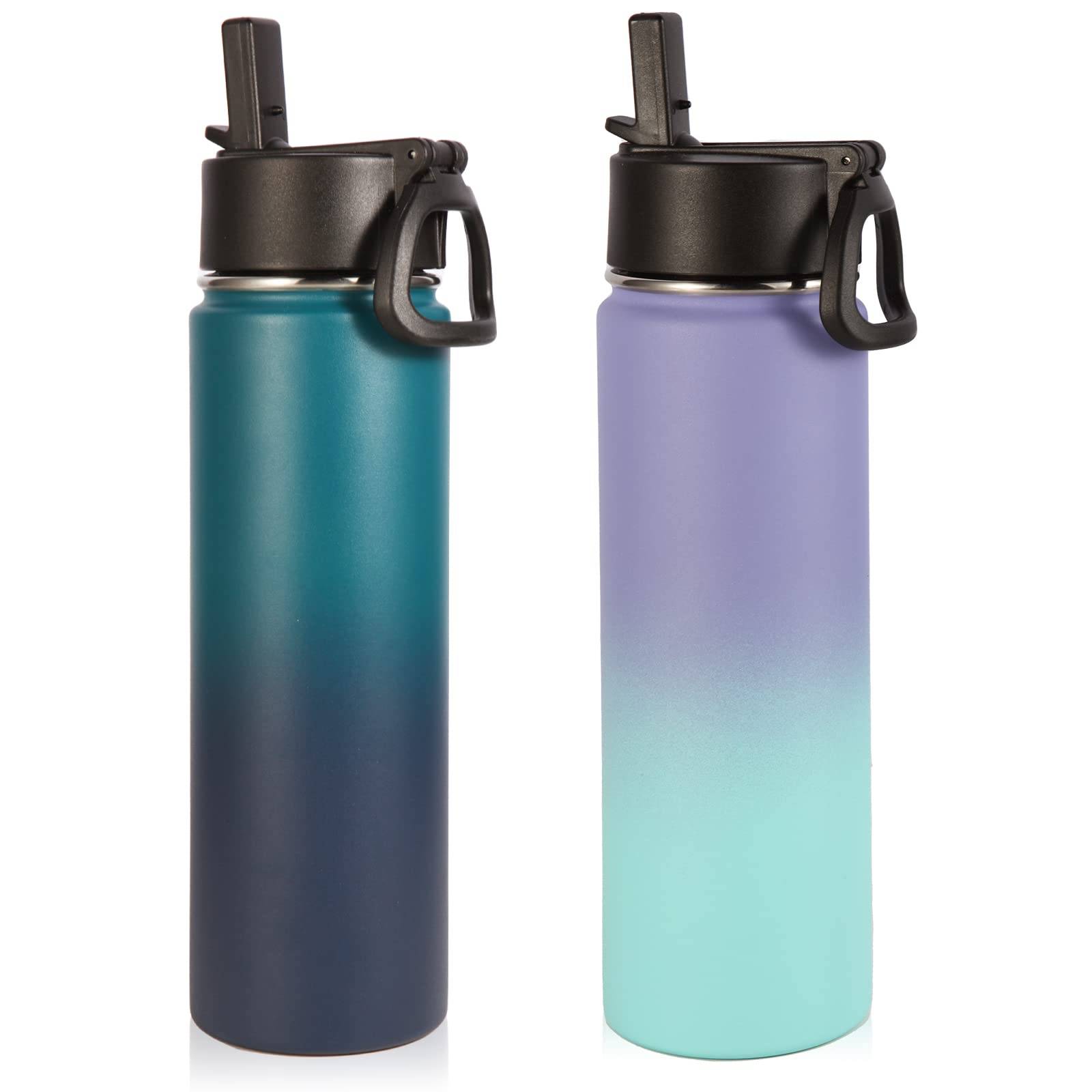 Volhoply Insulated Water Bottles with Straw Bulk 2 Pack, 22 oz Stainless Steel Sports Bottle with Handle Lid,Double Walled Metal Water Cups with Wide Mouth,Reusable Cold Water Flask(Assorted,2 Set)