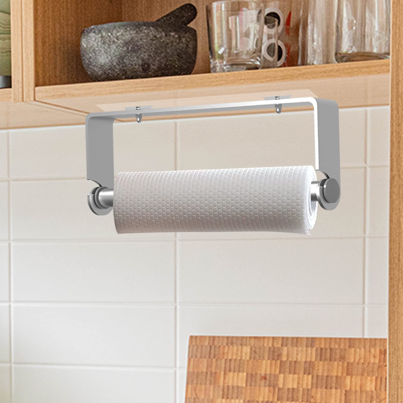 HUFEEOH Silver Adhesive Paper Towel Holder, Wall Mounted Paper Towel Roll Holder Kitchen Paper Holder Napkin Roll Holder Under The Cabinet, Adhesive or Screw