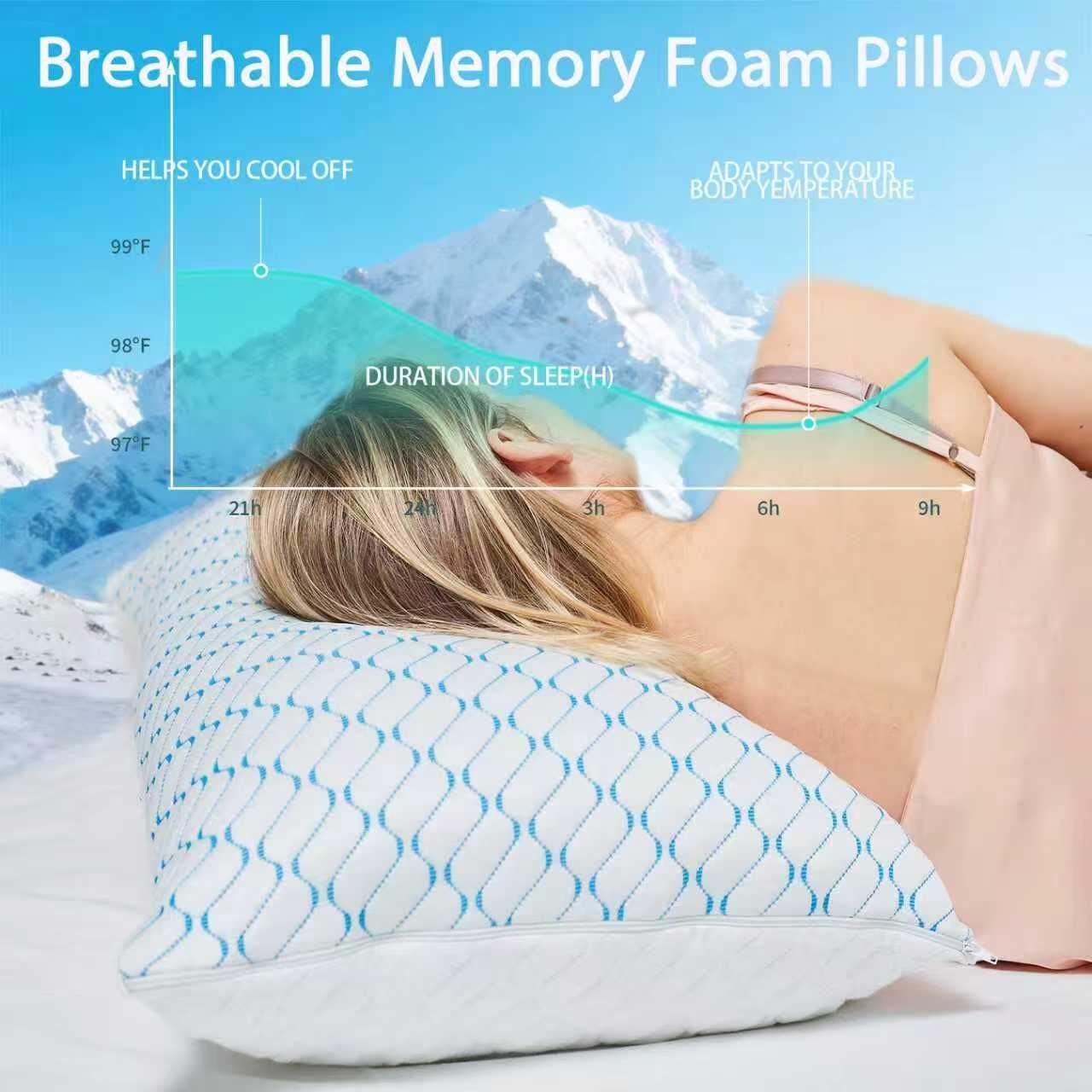 Memory Foam Pillows Queen Size Set of 2, Adjustable Cooling Pillow for Side Back Stomach Sleepers with Washable Removable Cover