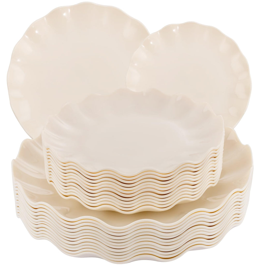 LIYH 24 Pcs Plastic Plates Reusable, Unbreakable Scalloped Plastic Dinner Plates, Dishwasher Safe, Ivory Plate Sets Perfect for Parties, Birthday, Picnics, BPA Free (12Guests)