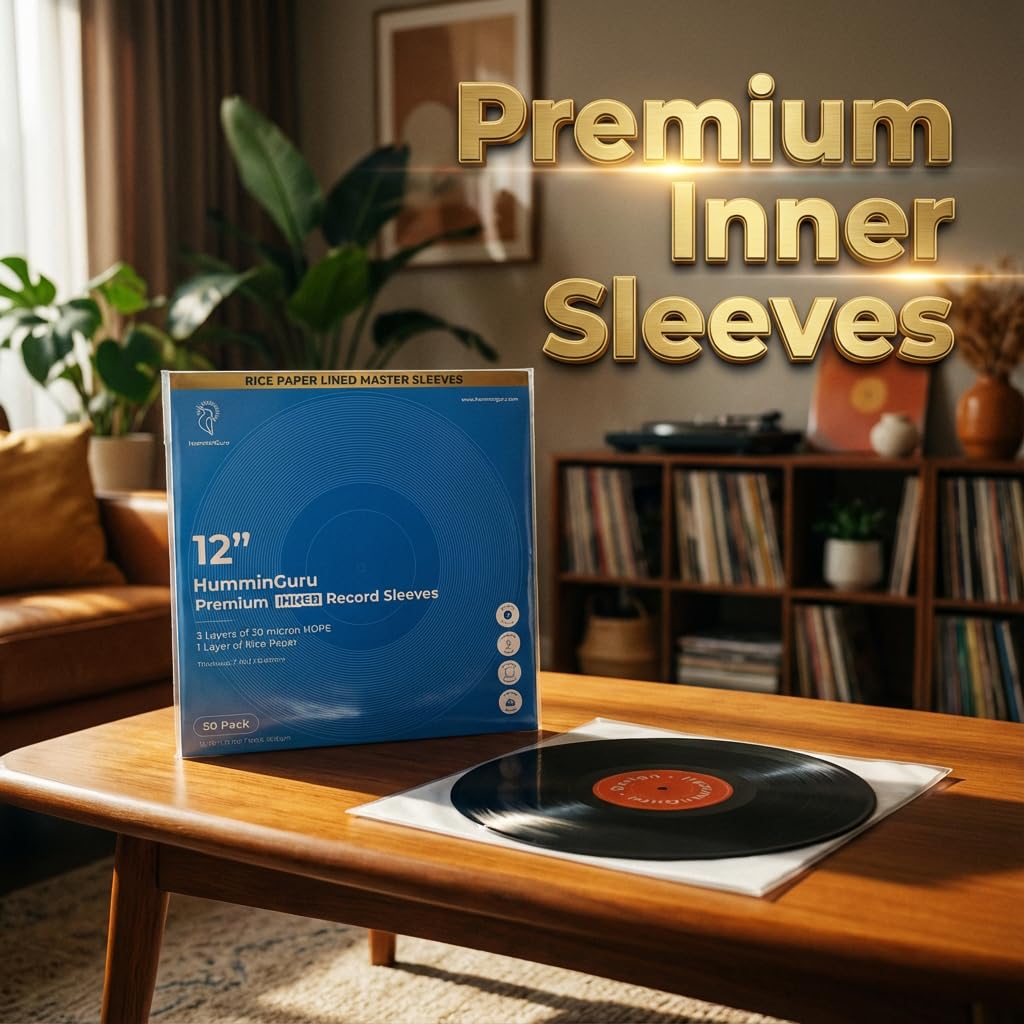 HumminGuru 3-Ply Premium Inner Record Sleeves 12 Inch. Rice Paper Lined Master Sleeve. Anti-Static Vinyl Record Sleeve, Acid-Free Thick HDPE 3+1 Layer in 7 Mil, 50 Pack (12” Premium Inner Sleeves)
