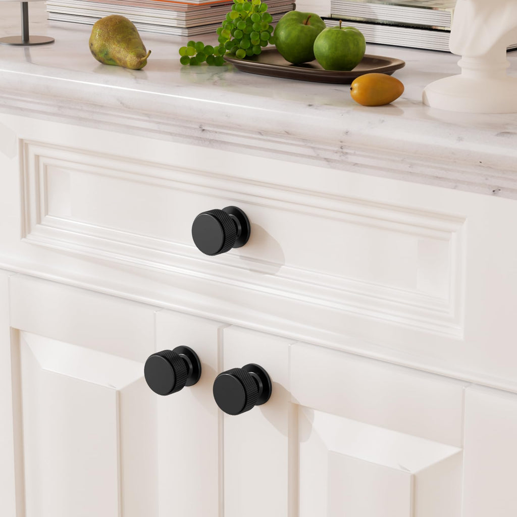 Chibery 10 Pack Matt Black Kitchen Cabinet Knobs, Knurled Round Dresser Drawer Handles, 32mm Vintage Cupboard Handles Pulls, Retro Door Knobs, Cabinet Hardware for Wardrobe, Closet