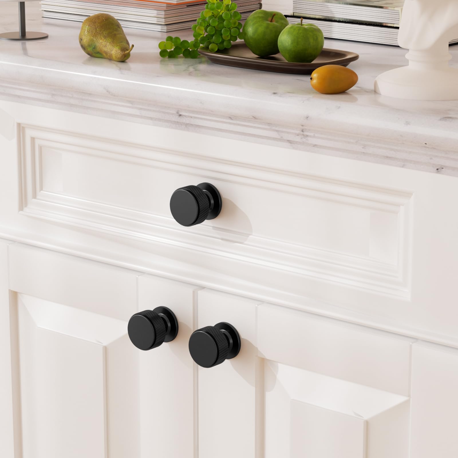 Chibery 10 Pack Matt Black Kitchen Cabinet Knobs, Knurled Round Dresser Drawer Handles, 32mm Vintage Cupboard Handles Pulls, Retro Door Knobs, Cabinet Hardware for Wardrobe, Closet