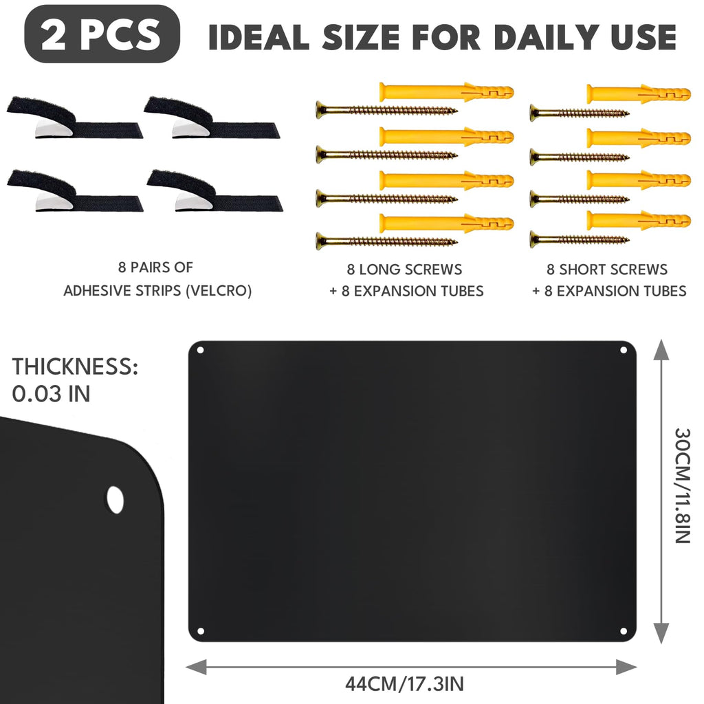 Lanpul 2 Pack Black Metal Magnetic Board, 17.3" x 11.8" Magnet Bulletin Board for Wall & Refrigerator, Display Photos Notes Letters Numbers Board, School Kitchen, with Dual Lock Tape and Screws