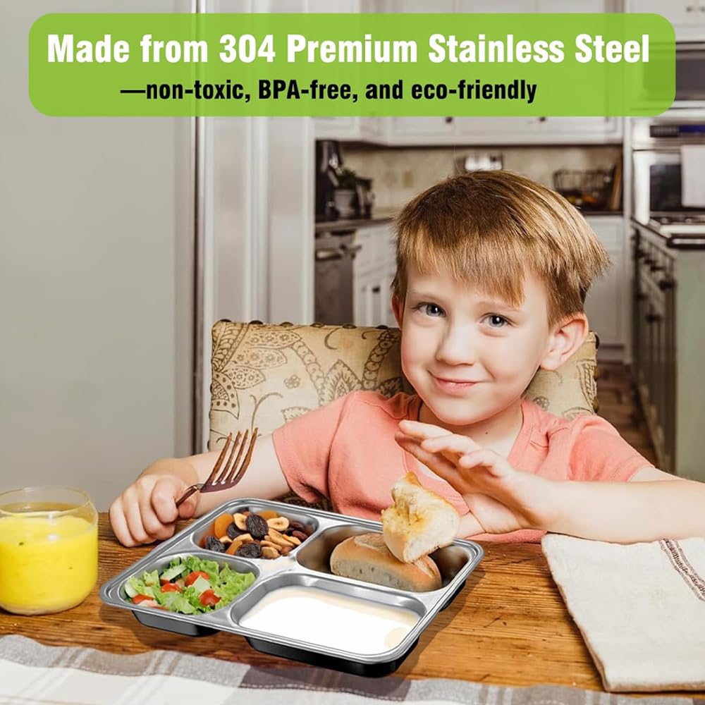 3 Pack Stainless Steel Snack Containers with Lids,4 Compartments Stainless Steel Lunch Box,Reusable Meal Prep Lunch Containers for Kids Adults, Divided Food Storage Containers for School Home Travel