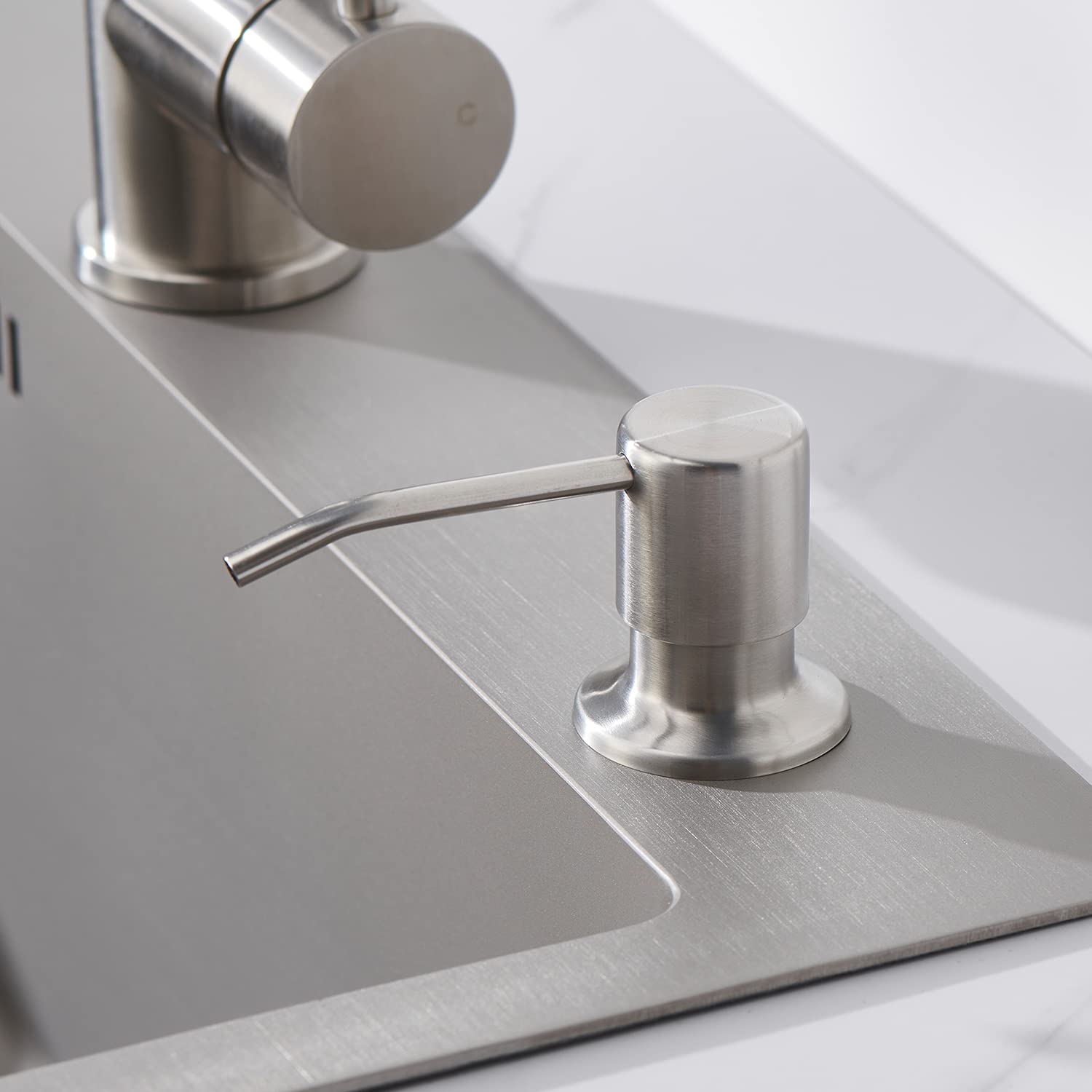 Built in Sink Soap Dispenser Brushed Nickel, Lotion Dispenser for Kitchen Sink Stainless Steel Refill from The Top Sink Soap Dispenser with 13 OZ Soap Bottle