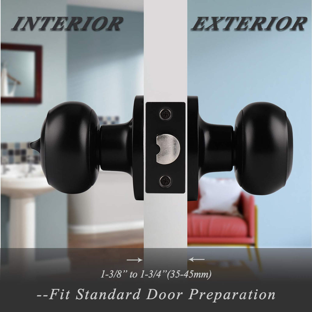 Probrico Interior Door Knobs Matte Black Finish, Standard Door Hardware, Indoor Door Handles Keyless, Privacy Door Lock for Bedroom/Bathroom Flat Ball Knob, 1 Pack