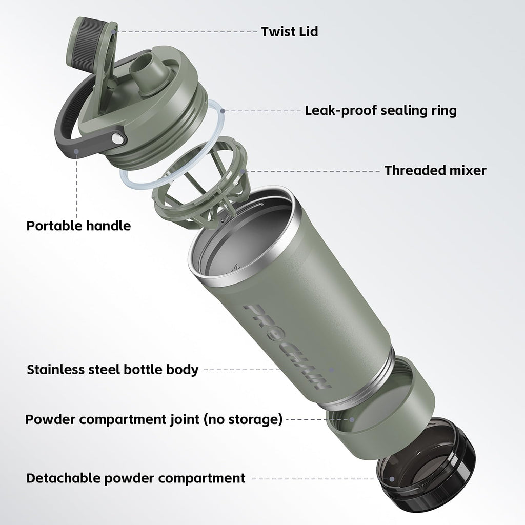 PROCHAIN Insulated Stainless Steel Shaker Bottle, Metal Shaker Cup for Protein Shakes with Storage, Leak-Proof Twist Lock Lid, Perfect for Gym Sports, 20 oz (Dark Green)