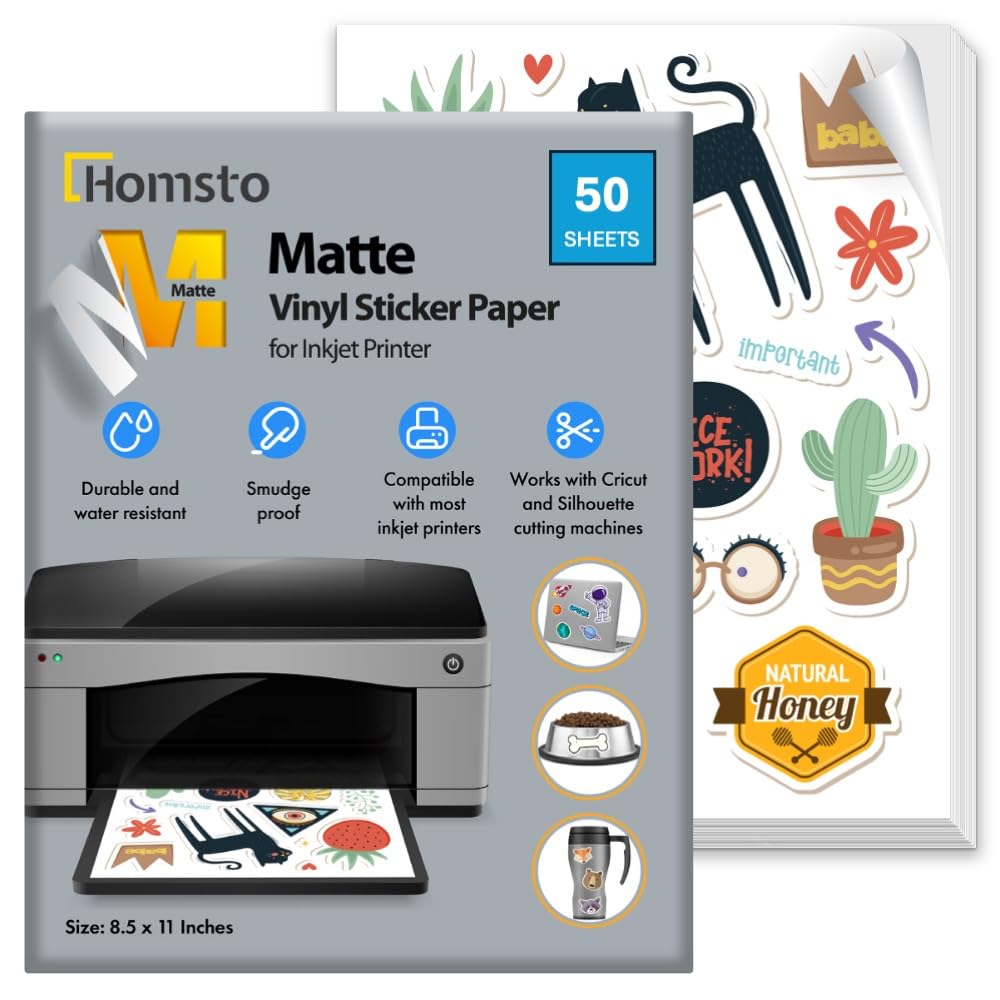 Vinyl Sticker Paper, Matte, Glossy and Clear Printable Sticker Paper (Matte, 50 sheets)