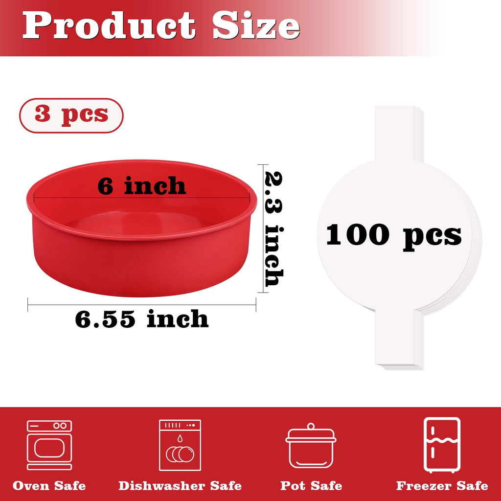 HUAKENER 6 Inch Round Cake Pan, 3 Pack Silicone Cake Molds with 100 Pieces Parchment Paper, Nonstick Cake Molds for Smash Cakes, Layer Cakes, Cheese Caks, Chocolate Cakes