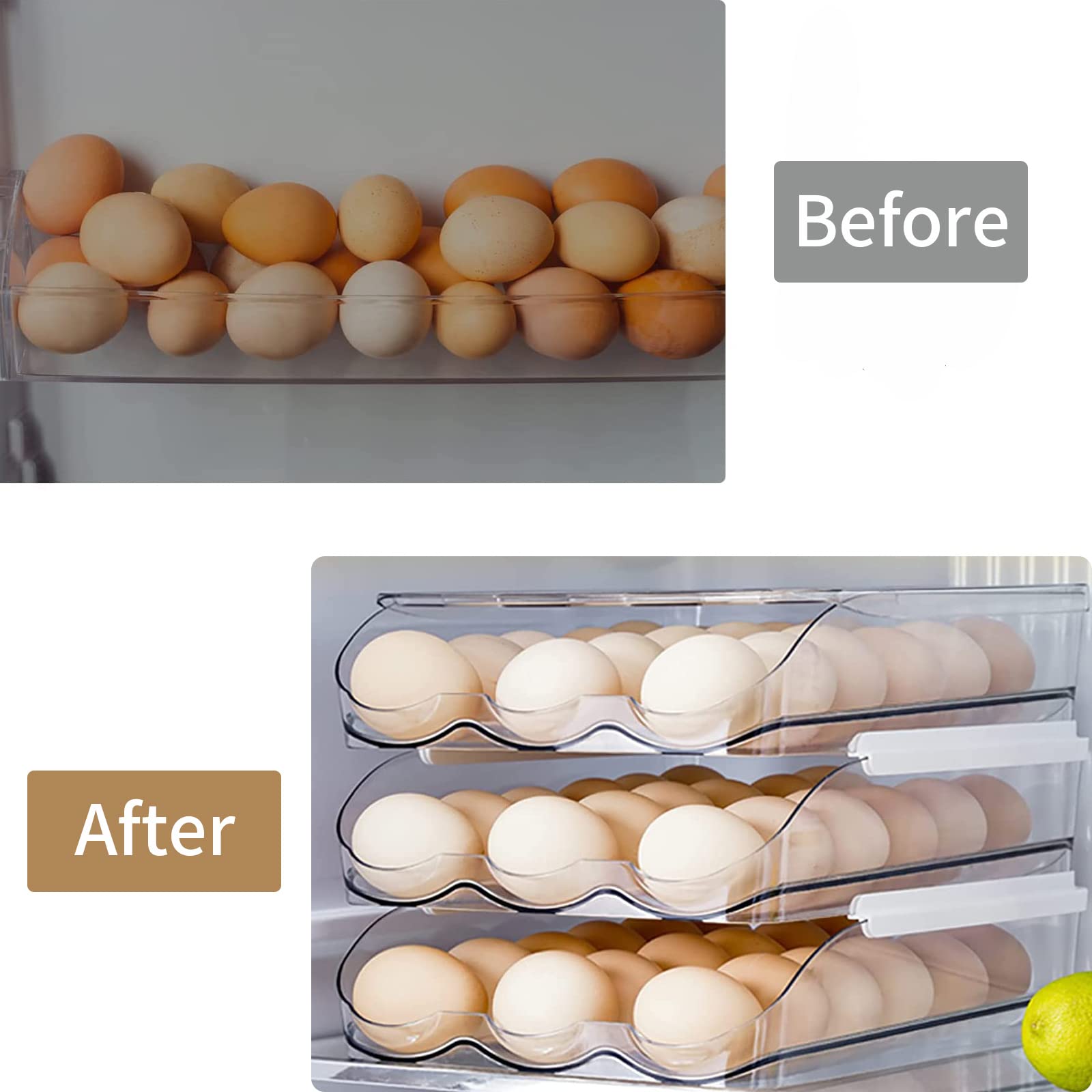 lazywoodpecker Egg Storage for Fridge, Auto Rolling Eggs Fridge Organizers with Lids, Fridge Storage Organizer for Kitchen (2 Layer)