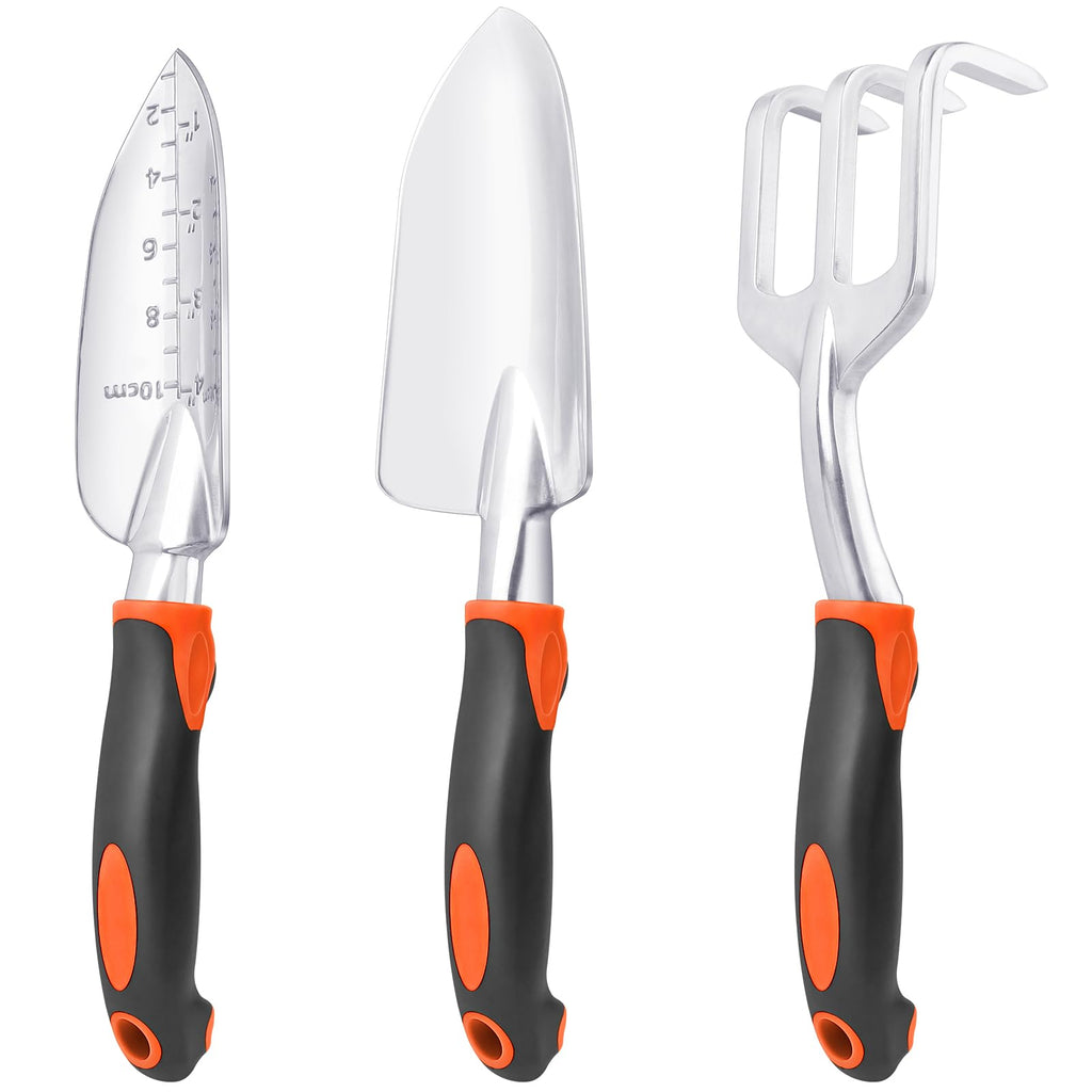 Garden Tools Set, 3 Pack Heavy Duty Gardening Tools Set Include Garden Shovel, Transplant Trowel and Hand Rake with Ergonomic Non-Slip Handle, Aluminum Alloy Lawn for Planting, Orange