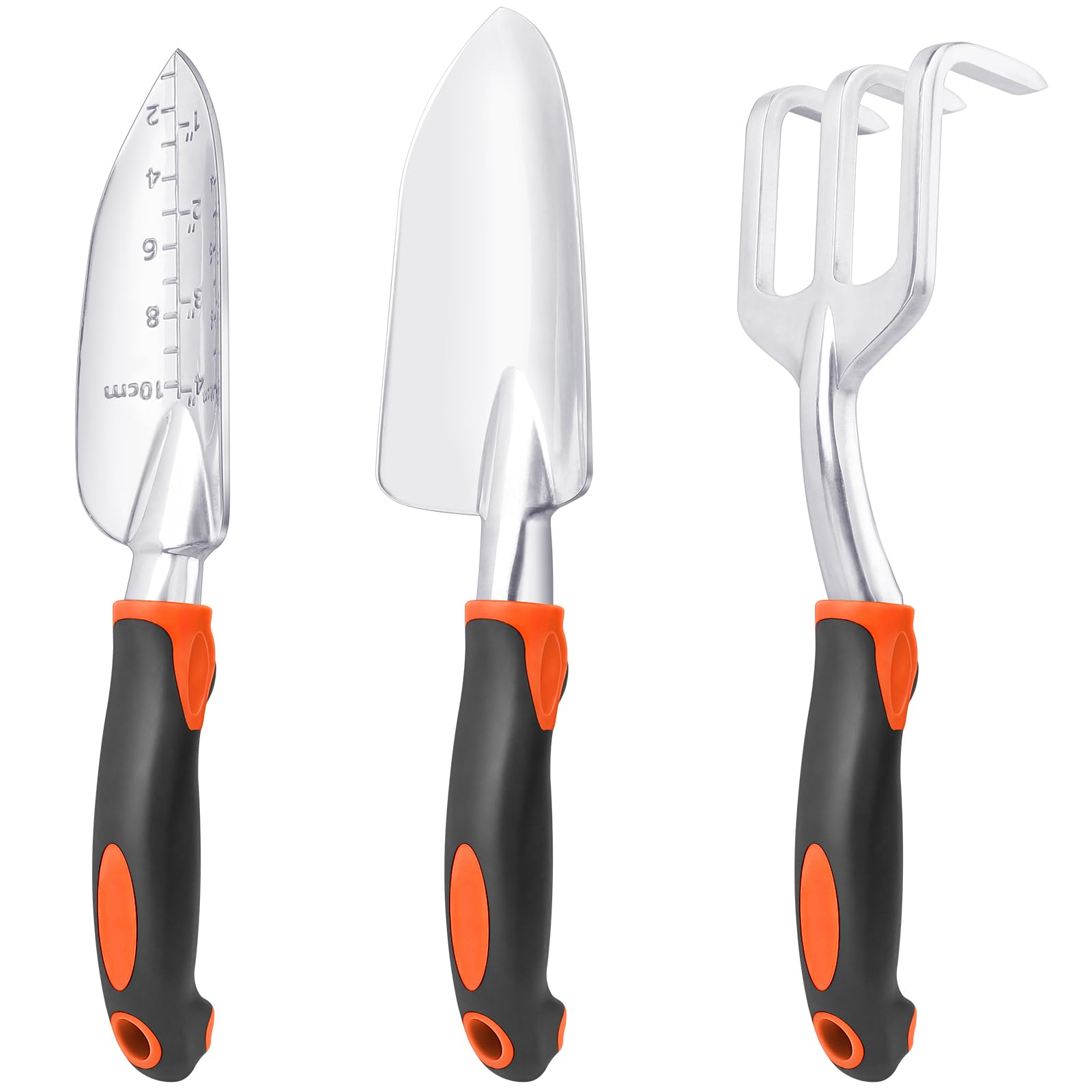 Garden Tools Set, 3 Pack Heavy Duty Gardening Tools Set Include Garden Shovel, Transplant Trowel and Hand Rake with Ergonomic Non-Slip Handle, Aluminum Alloy Lawn for Planting, Orange