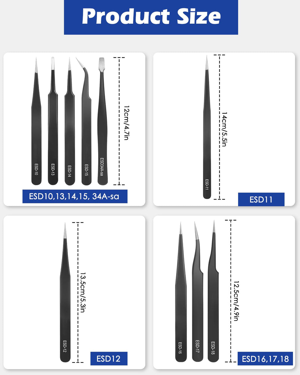 11 Pcs Precision Tweezers Set, ESD Anti-Static Tweezers Set, Stainless Steel Tweezers Kit Curved Tweezers for Electronics, Laboratory Work, Jewelry-Making, Craft, Soldering