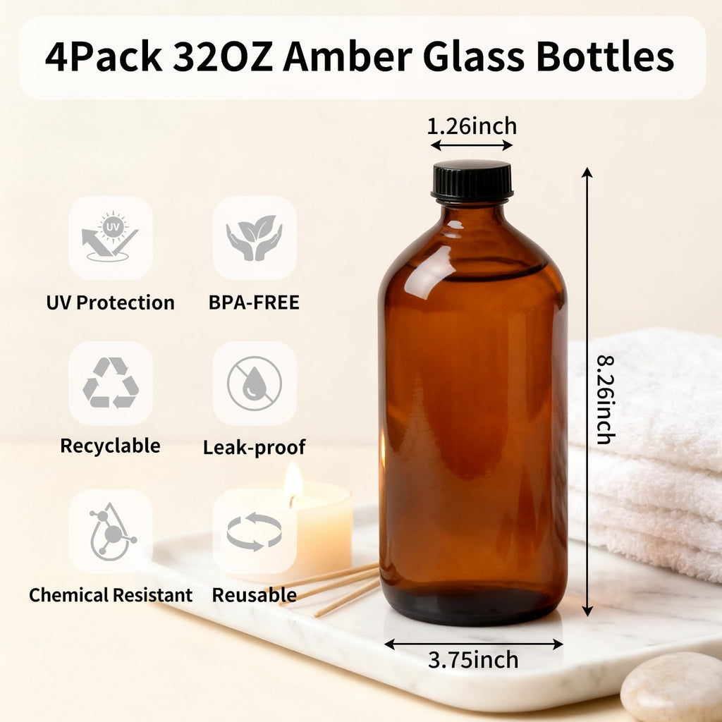 Turvono 4 Pack 32 oz Amber Glass Boston Round Bottles with Phenolic Polycone Caps – Airtight, Leak-Proof Brown Bottles for Kombucha Brewing, Essential Oils, Storing Condiments, and Homemade Solutions