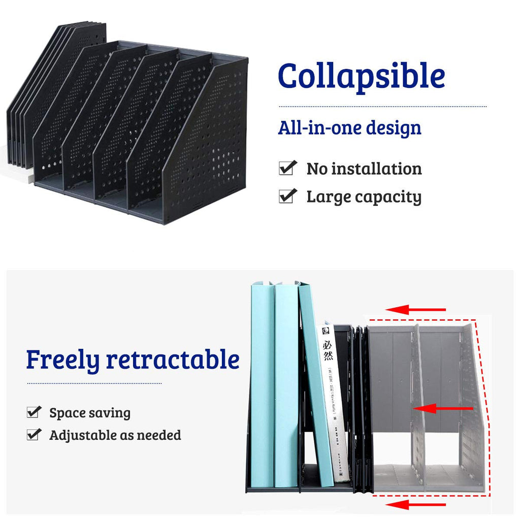Lemical Magazine Holder 4 Vertical Compartments Collapsible Magazine File Holder Space Saving Rack Home Kitchen Desk Organizer No Need Assemble (Black)