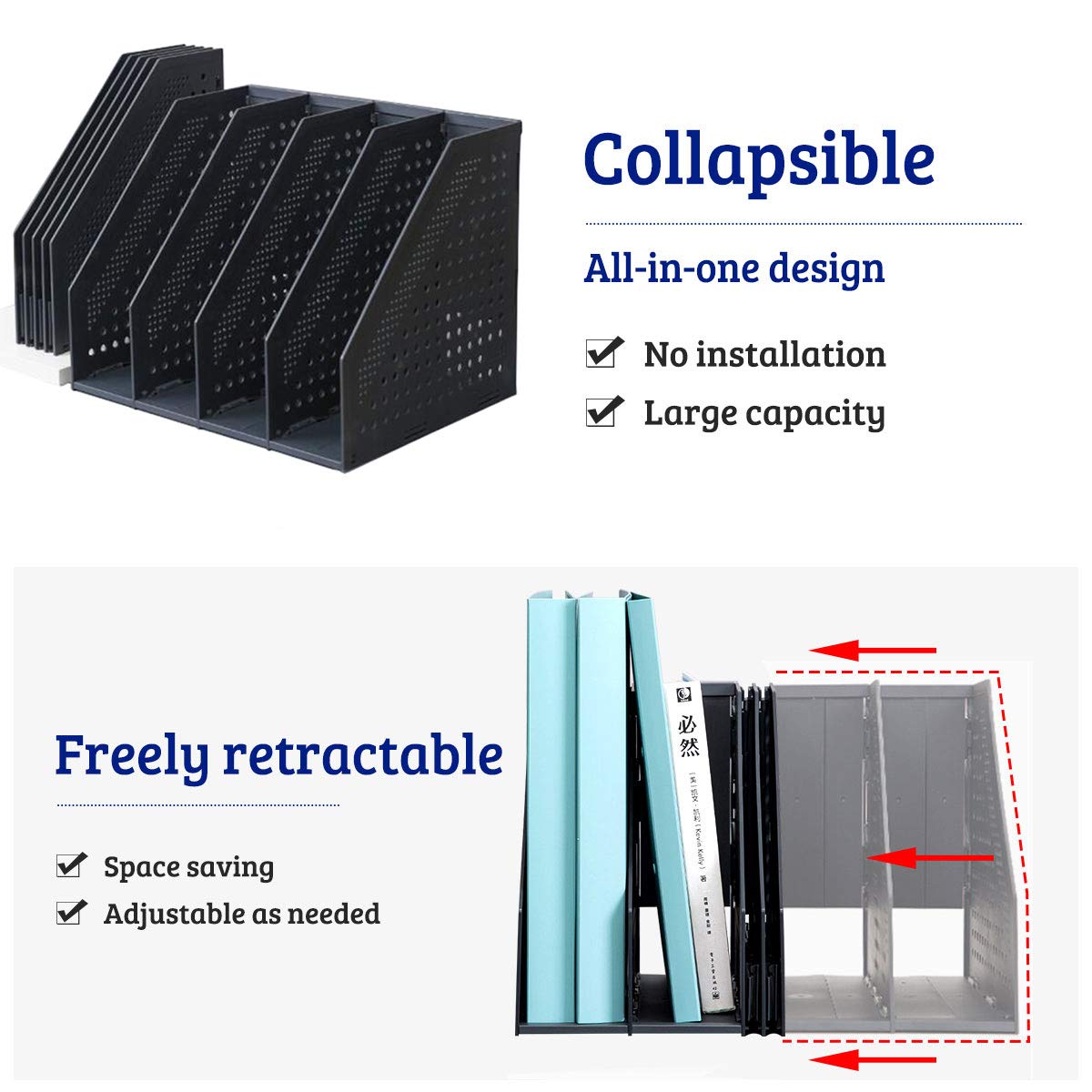 Lemical Magazine Holder 4 Vertical Compartments Collapsible Magazine File Holder Space Saving Rack Home Kitchen Desk Organizer No Need Assemble (Black)