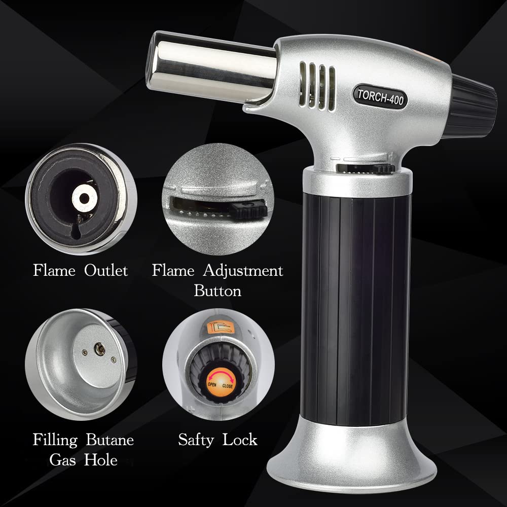 Butane Torch, Professional Culinary Torch Lighter, Blow Torch Refillable Portable, Kitchen Torch with Safety Lock and Adjustable Flame for Desserts BBQ Baking Camping (Butane Gas not Included)
