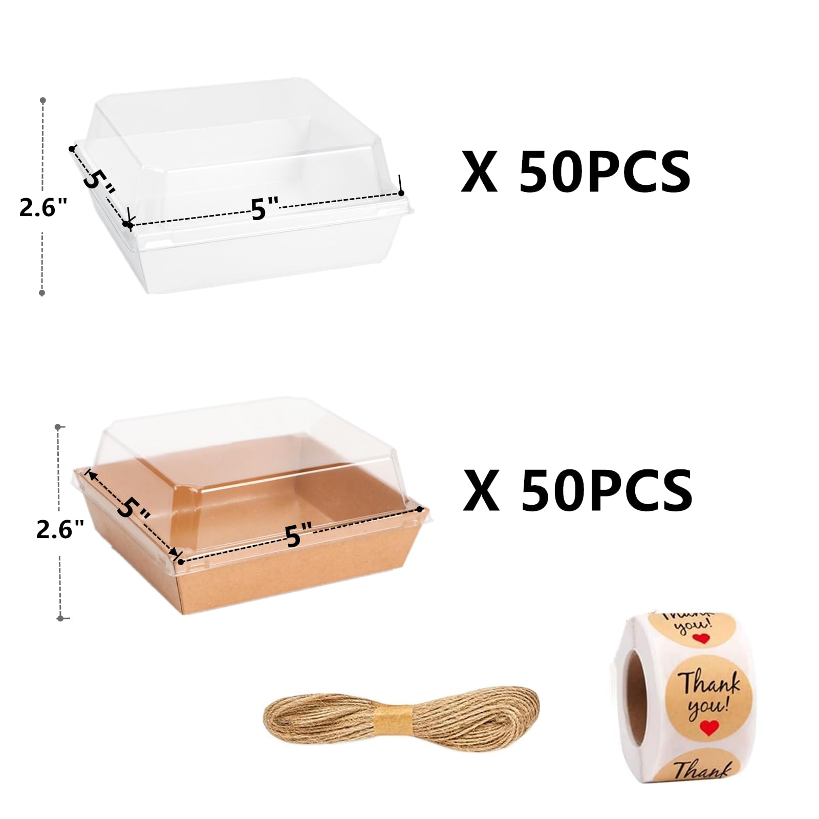 Zentriqlla 100 Pack Charcuterie Boxes with Clear Lids, Disposable Bakery Dessert Containers, To Go Treat Boxes with Twine & Stickers for Sandwich, Snacks, Cakes, Weddings, Strawberries, 5"x5"x2.6"