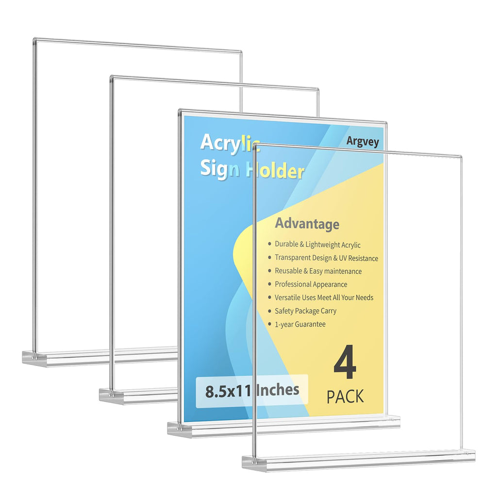 4-Pack Acrylic Sign Holder, 8.5 x 11 Inch Vertical T Shape Table Display Stand, Double-Sided Clear Plastic Sign Holders for Paper, Menu, and Flyer, Ideal for Home, Office, Restaurants, and Stores