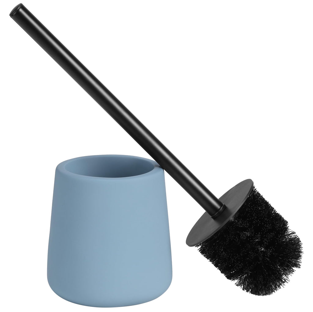 Navaris Toilet Brush and Holder Set, Blue - Toilet Brushes & Holders - Soft Touch & Rubber Coated Loo Brush with Stainless Steel Handle - Adjustable Silicone Water Stopper