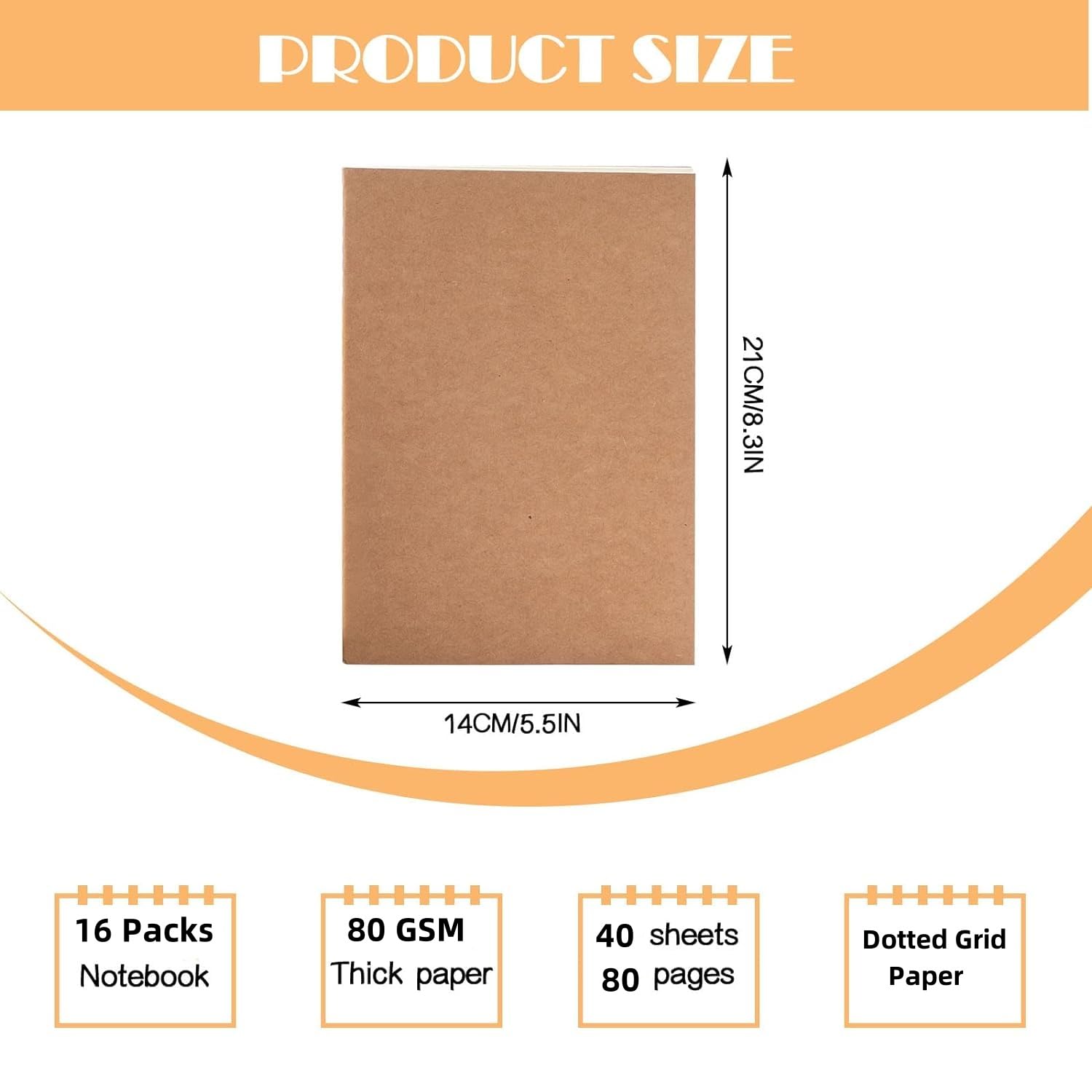 16 Pack Kraft Paper Journal Notebooks Bulk with Thick Dotted Grid Paper,Diary Subject Notebooks Planner for Travelers Students Office,A5 Size,40 sheets/80 Pages (Brown)