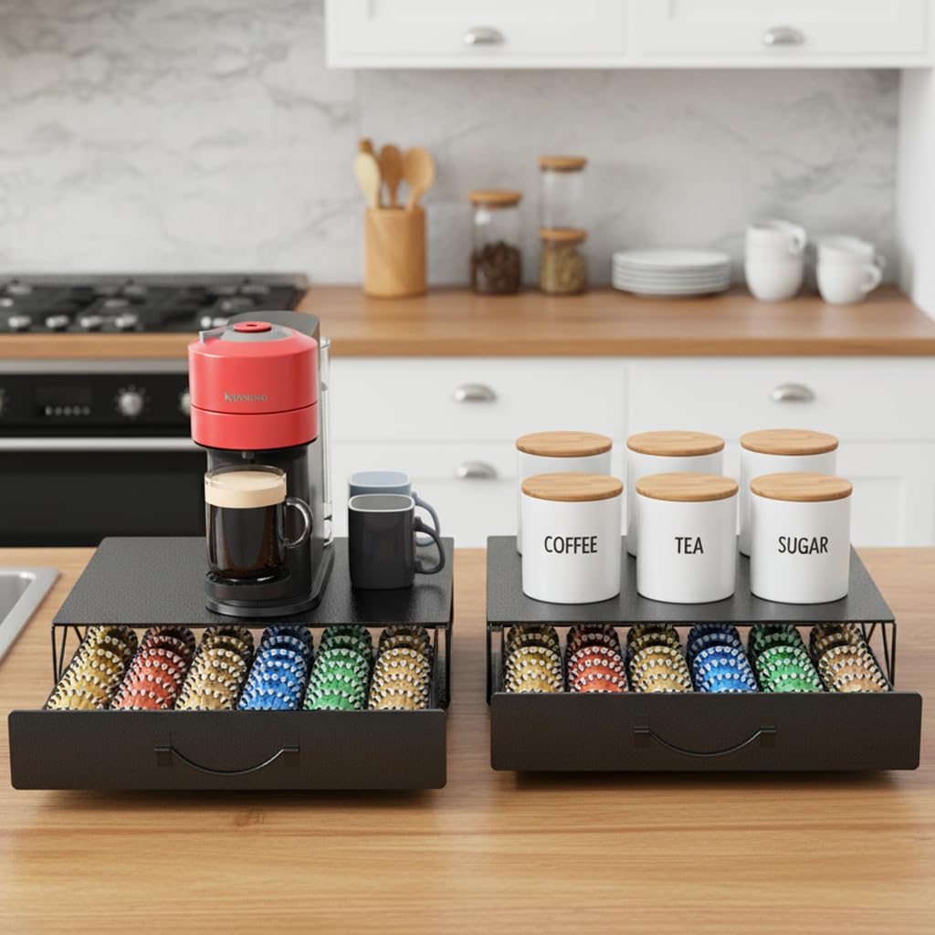 HFHOME Coffee Pod Drawer, 48 Vertuoline Capsules Holder, Pods Storage Drawer Holder for 36 K Cup, Metal Coffee Station for Nespresso Vertuo Capsules for Home Office Counter, Black