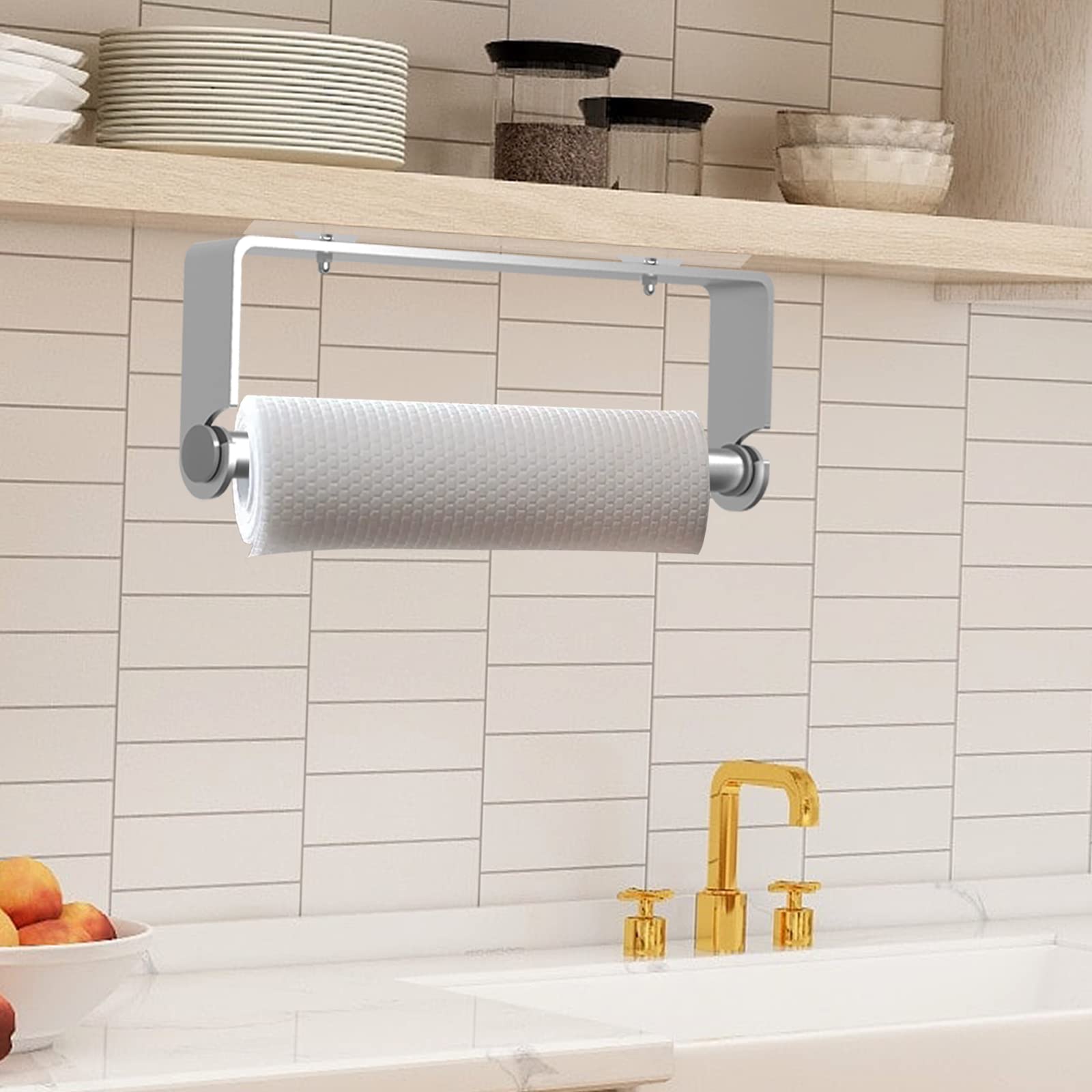 HUFEEOH Silver Adhesive Paper Towel Holder, Wall Mounted Paper Towel Roll Holder Kitchen Paper Holder Napkin Roll Holder Under The Cabinet, Adhesive or Screw