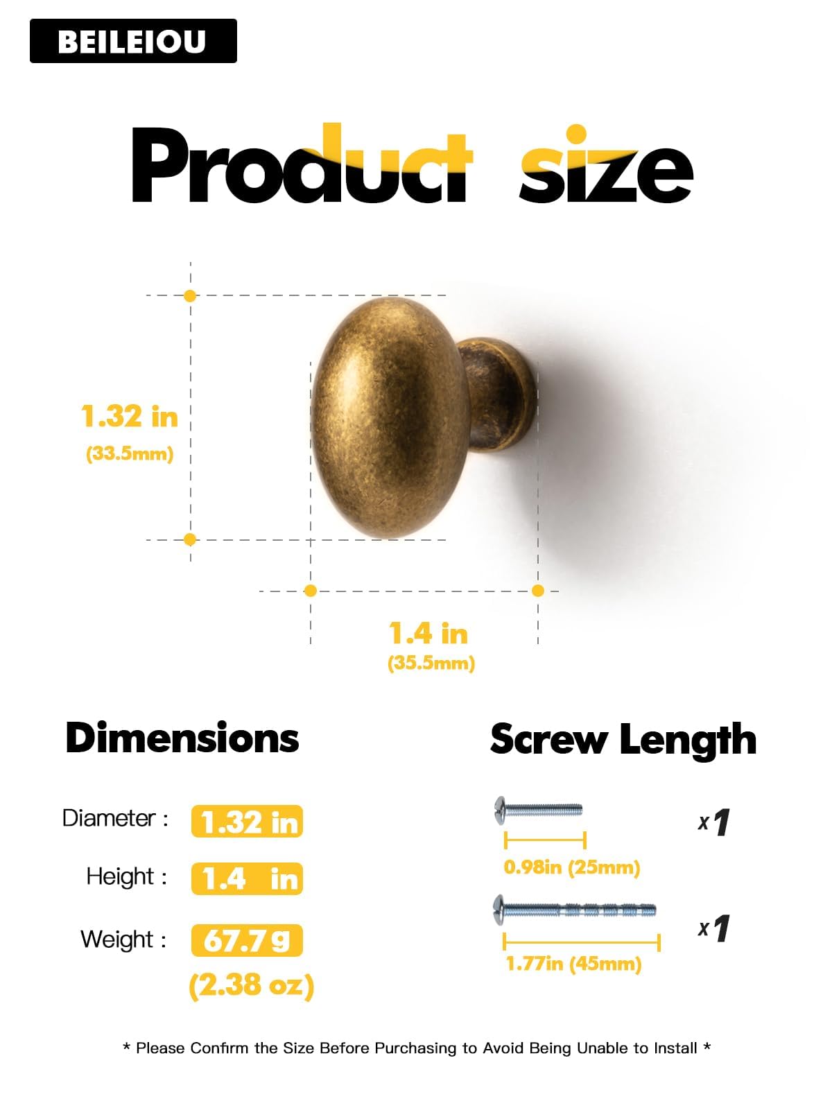 BEILEIOU Oval Antique Brass Cabinet Knobs, Zinc Alloy for Drawer Knobs for Dresser Cupboard Wardrobe (2, Antique Brass, Egg knob)