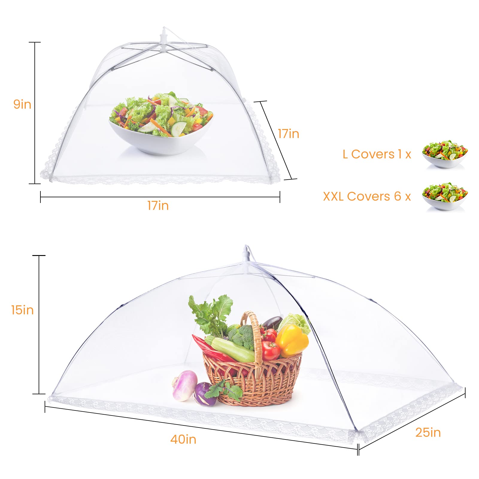 HOMKULA Food Covers for Outside - 2 Extra Large (40 x 24 in) & 6 Large (17 x 17 in) Mesh Food Covers for Outdoors, Food Tent Food Cover for Picnic Party Supplies, Pop-Up and Collapsible, 8 Pack