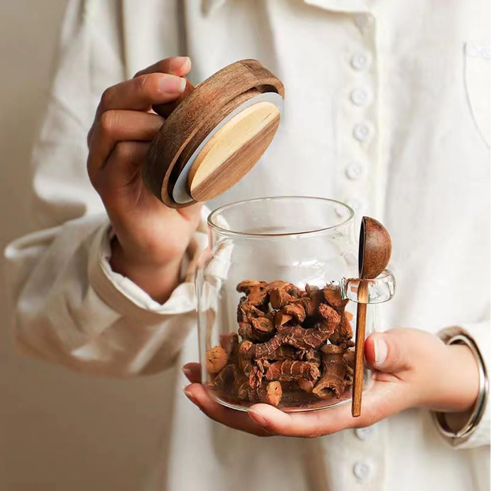 Piscepio Glass Jars with Wooden Lids and Spoons set of 3, Clear Glass Coffee Containers with Scoop Decorative Kitchen Food Storage Jars for Coffee Beans,Tea,Nut,Candy, Sugar,Bath Salts(17OZ/22OZ/27OZ)