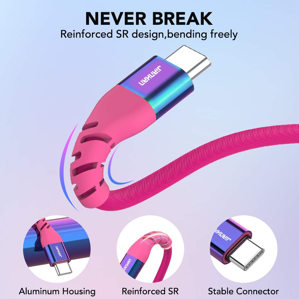 Type C to Type C Cable,JianHan 3-Pack [10ft+6.6ft+3.3ft] 60W Colourful Braided USB C to USB C Cable for iPad Pro,Samsung Galaxy S20 S20+ S20 Ultra Note 20 10 Plus A80,Google Pixel,MacBook Air/Pro