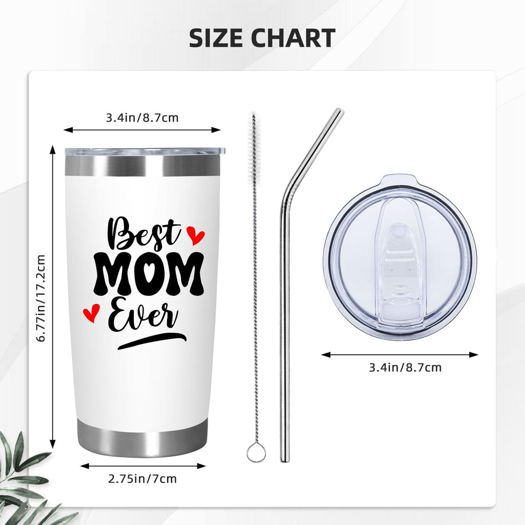 Best Mom Ever Tumbler 20oz, Insulated Coffee Cup with Cleaning Brush and Straw, Mama Travel Cup, Birthday Presents for Mommy, Water Cup from Daughter, Best Mom Gifts for Mother's Day