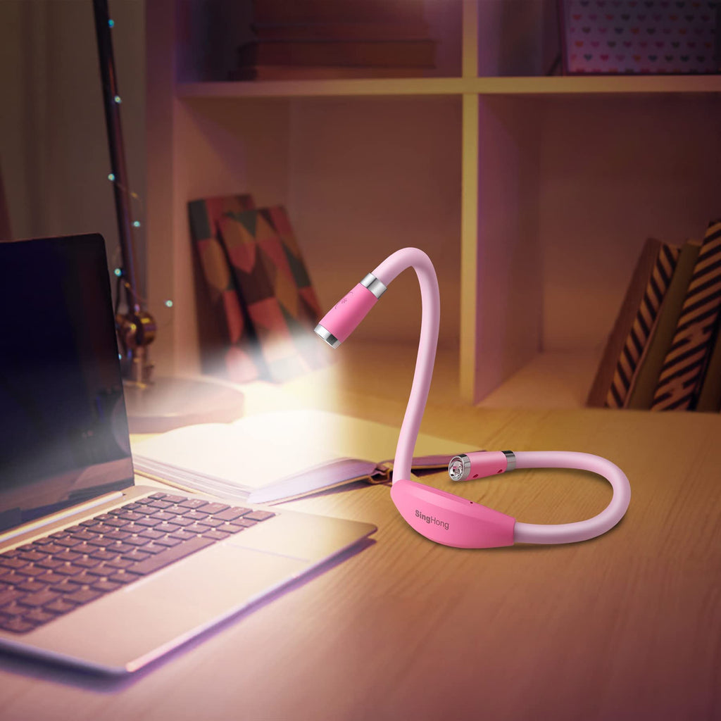 SingHong LED Neck Light, Book Light, Reading Lamp, USB-C Rechargeable, Hands Free, 4 LED Bulbs, 4 Adjustable Brightness, for Knitting, Crafting, Crochet and Reading in Bed (Pink)