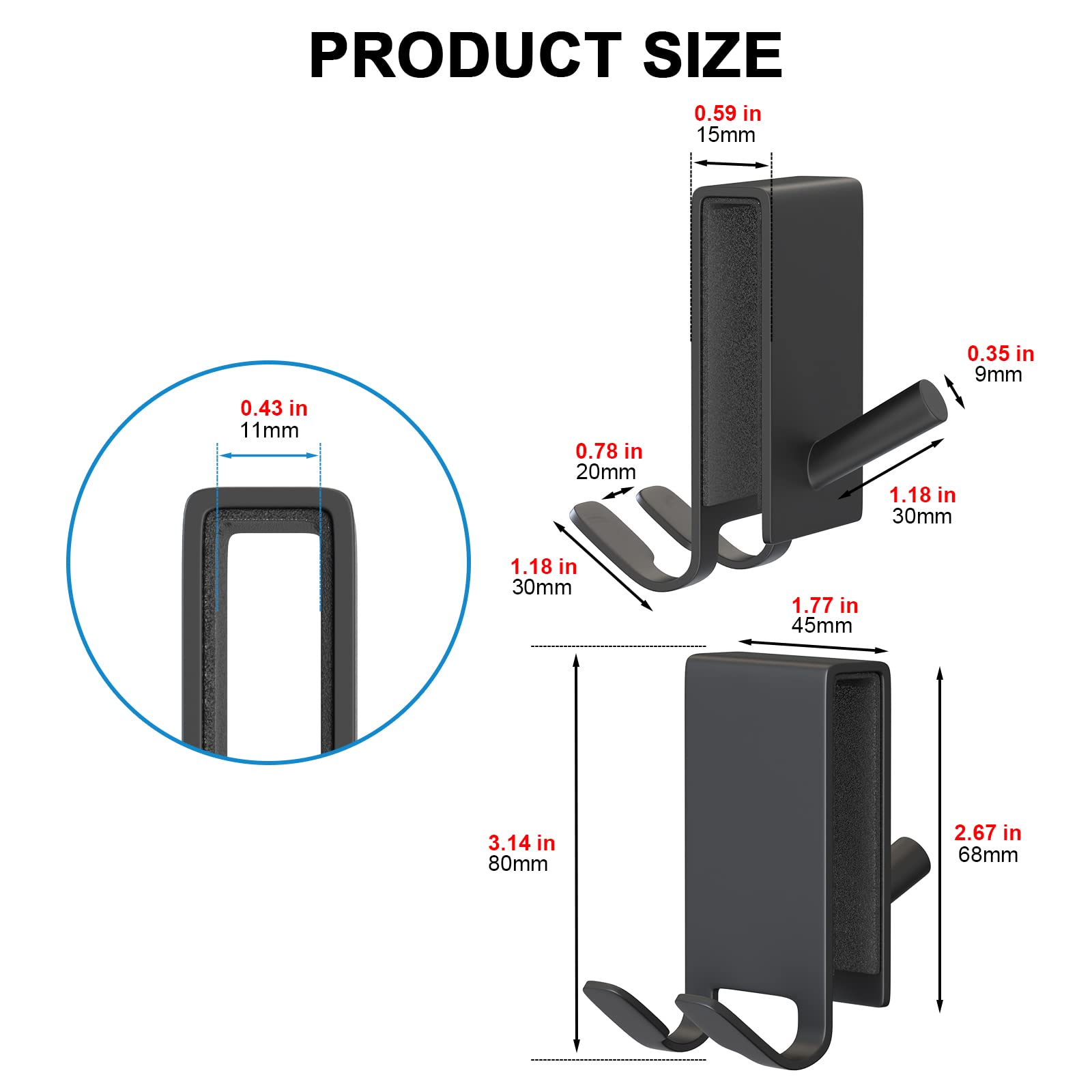 Shower Door Hook, Double-Sided Hook for Frameless Shower Doors (3.14 Inch), Heavy-Duty Stainless Steel Hook for Bathrobes and Towels, No Drilling or Adhesive Required, 2-Pack, Black