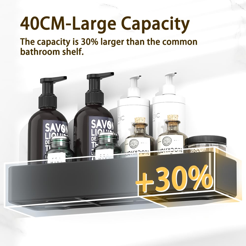 Gabeeriso Large Shower Caddy Bathroom Organizers and Shelves, No Drill Bathroom Shelf, Adhesive Rust Proof Shower Rack with Removable Hooks, Wall-Mounted Shower Holder, 40.5 x 12 x 6 cm, Black