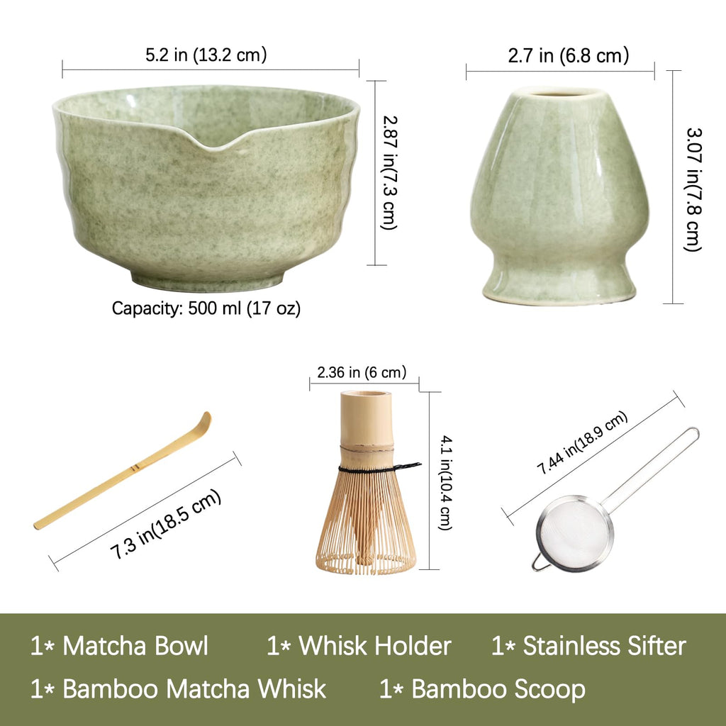 Matcha Set, Japanese Tea Set Includes Matcha Bowl with Spout, Matcha Whisk Holder, Bamboo Matcha Whisk and Bamboo Scoop, 17 oz Mottled Tea Green Glaze Ceramic Matcha Kit for Tea Lovers