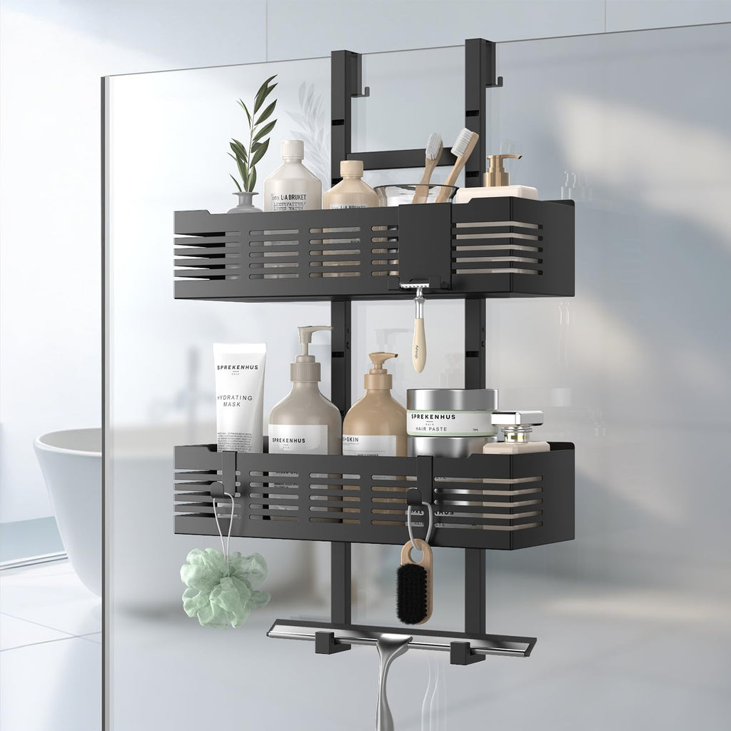 Hodzeed Shower Caddy Hanging Over The Door, Rustproof Shower Shelves with Hooks Black Shower Rack Hanging Shower Organizer Shelf 2 Tier No Drilling Bathroom Shelf Over the Door for Dorm,Toilet,Kitchen
