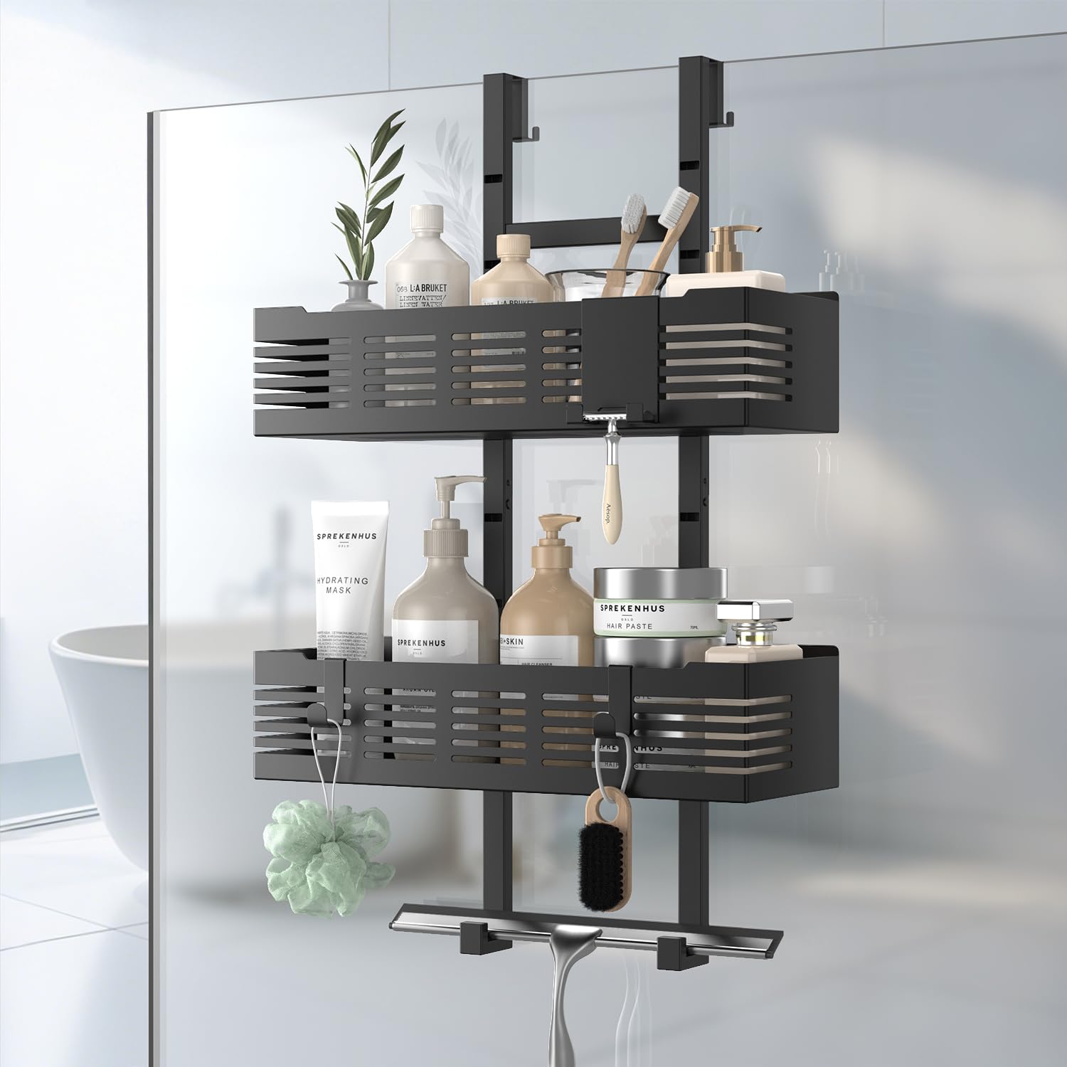 Hodzeed Shower Caddy Hanging Over The Door, Rustproof Shower Shelves with Hooks Black Shower Rack Hanging Shower Organizer Shelf 2 Tier No Drilling Bathroom Shelf Over the Door for Dorm,Toilet,Kitchen