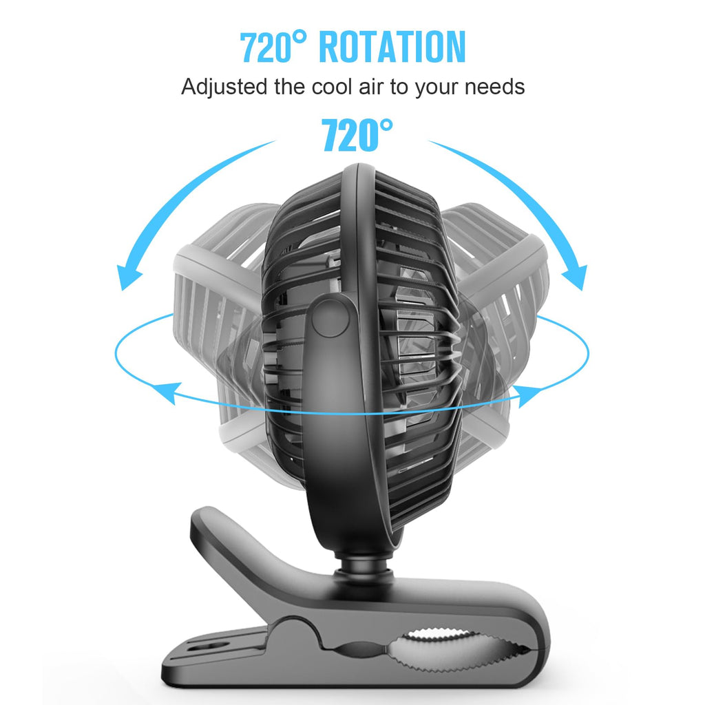 HONYIN Clip on Fan, 720° Rotation Small Desk & Clip Fan, Personal Cooling Fan with Sturdy Clamp, 3 Speeds, Quiet Little Fan by USB Plug In, for Bedroom Office Desktop Treadmill