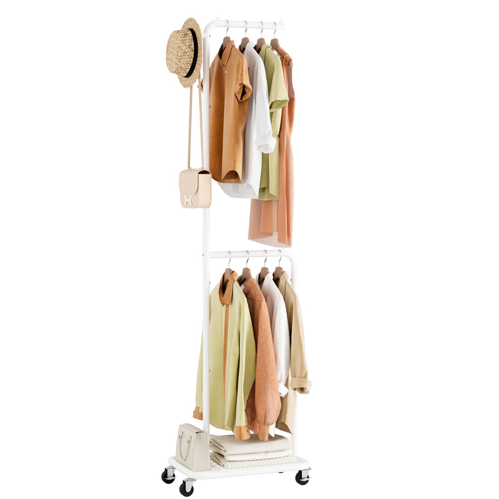 Gasvadivum Small Clothes Rack with Wheels, 71" Portable Rolling Clothing Rack with Bottom Metal Shelf, Garment Rack with Hanging Rod, Sturdy Freestanding Coat Rack for Bedroom, Entryway, White