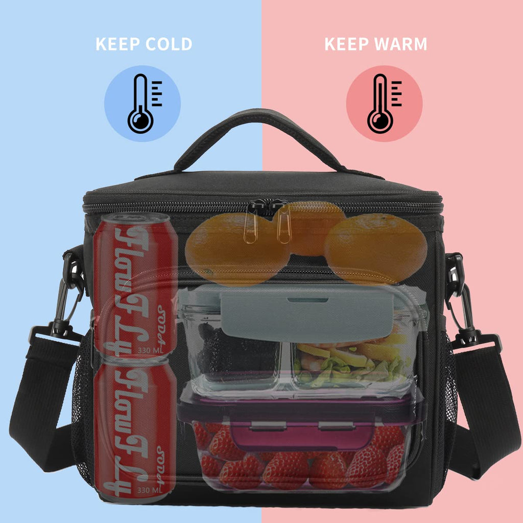 FlowFly Insulated Lunch Bag Adult Lunch Box Large Cooler Tote Bag for Men, Women, with Adjustable Strap,Front Pocket and Dual Large Mesh Side Pockets Black