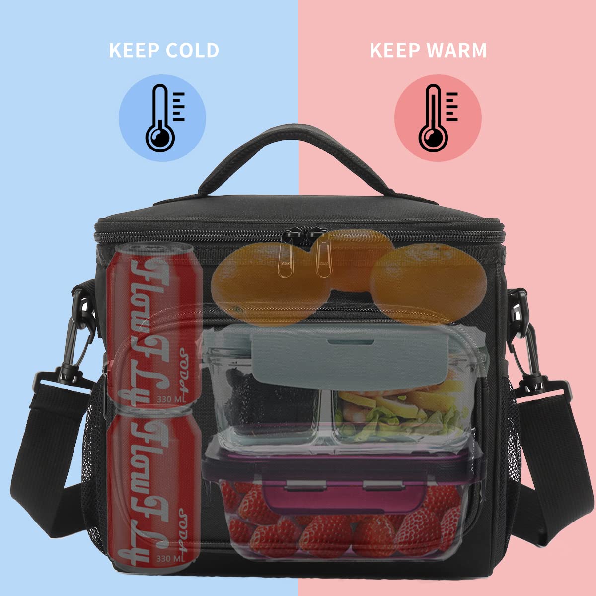 FlowFly Insulated Lunch Bag Adult Lunch Box Large Cooler Tote Bag for Men, Women, with Adjustable Strap,Front Pocket and Dual Large Mesh Side Pockets Black