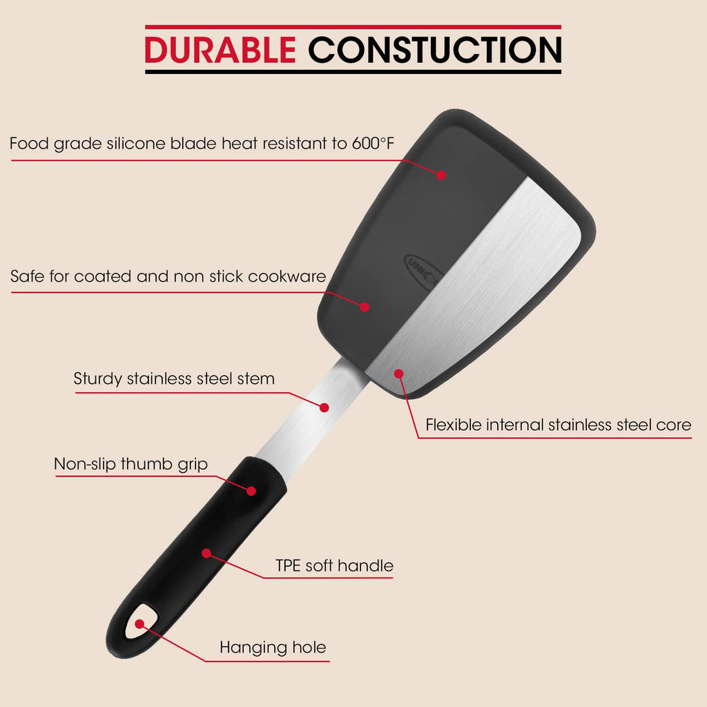 Unicook 2 Pack Flexible Silicone Spatula Flipper, Silicone Kitchen Cooking Utensil Set, Ustensile de Cuisine Turner 600F Heat Resistant, Ideal for Flipping Eggs, Burgers, Crepes and More, Black